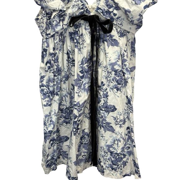 O.P.T Blue Floral Ruffle Mini Dress Cotton Lined Deep V Bow Detail Size XS - Picture 4 of 10